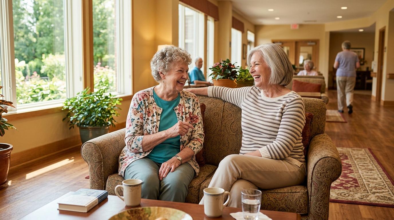 Two older adults laughing and sitting together, reflecting the joy of social connection and active senior living in North St. Paul.