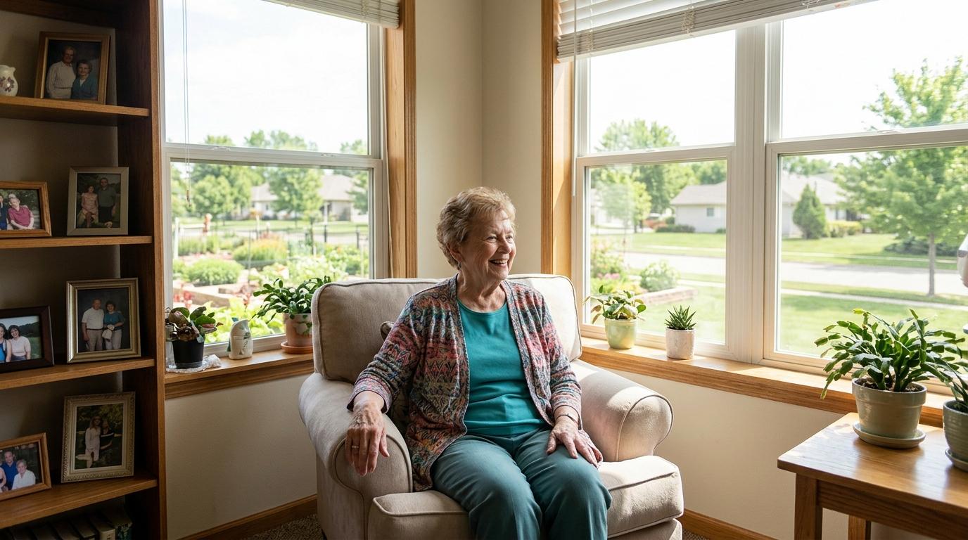 A smiling older adult enjoys a quiet moment in a cozy chair, admiring lush plants and a bright outdoor view at a secure senior living community in North St. Paul.