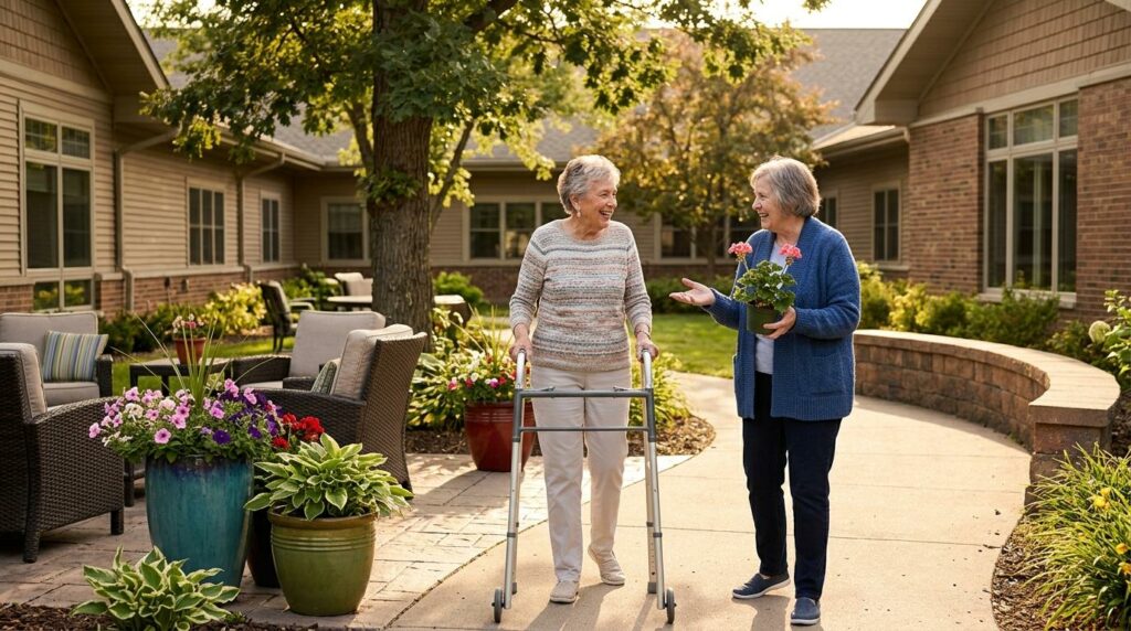 Smiling senior living community residents enjoying a safe, secure outdoor patio in North St. Paul, Minnesota.