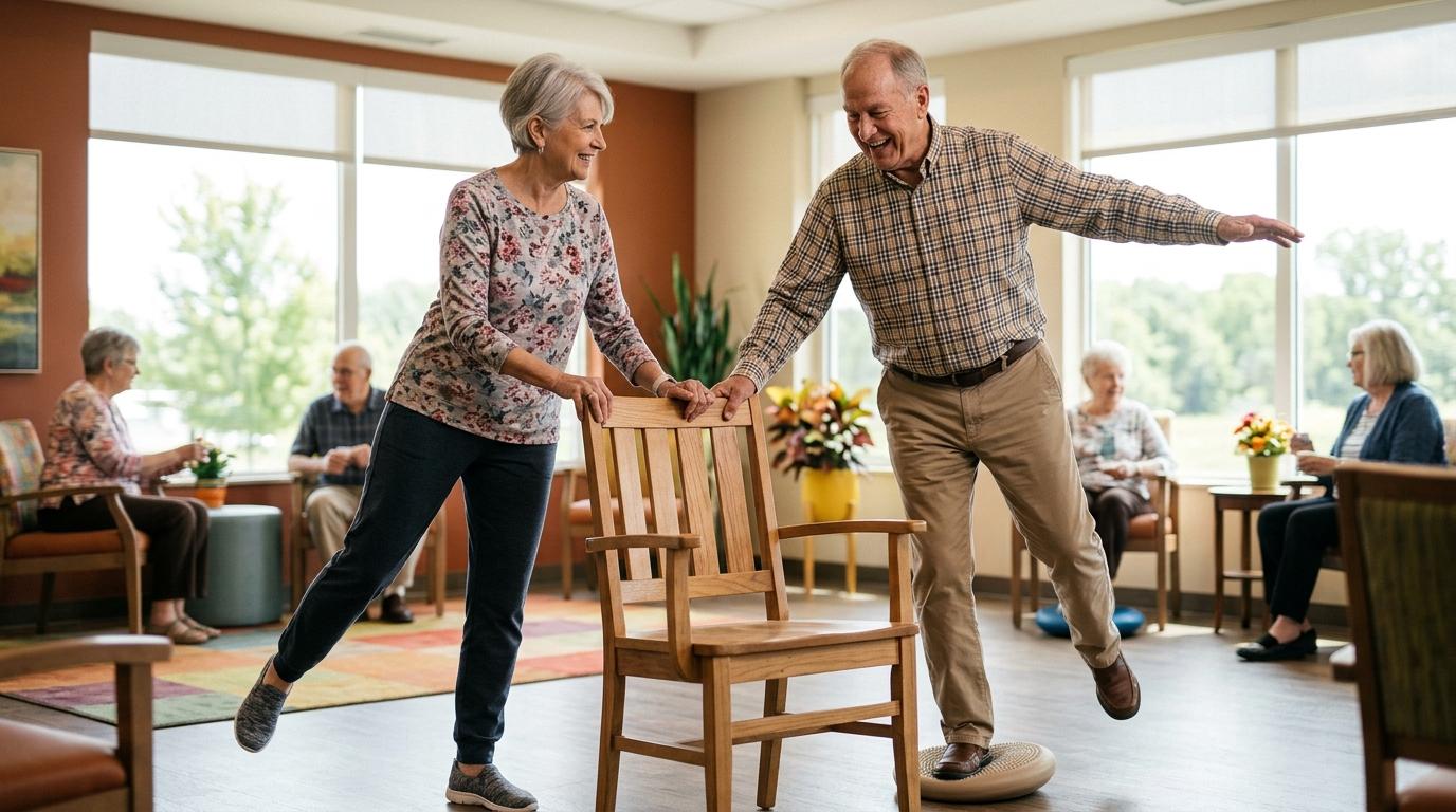 Older adult practicing balance exercises in a bright, comfortable senior living community setting.