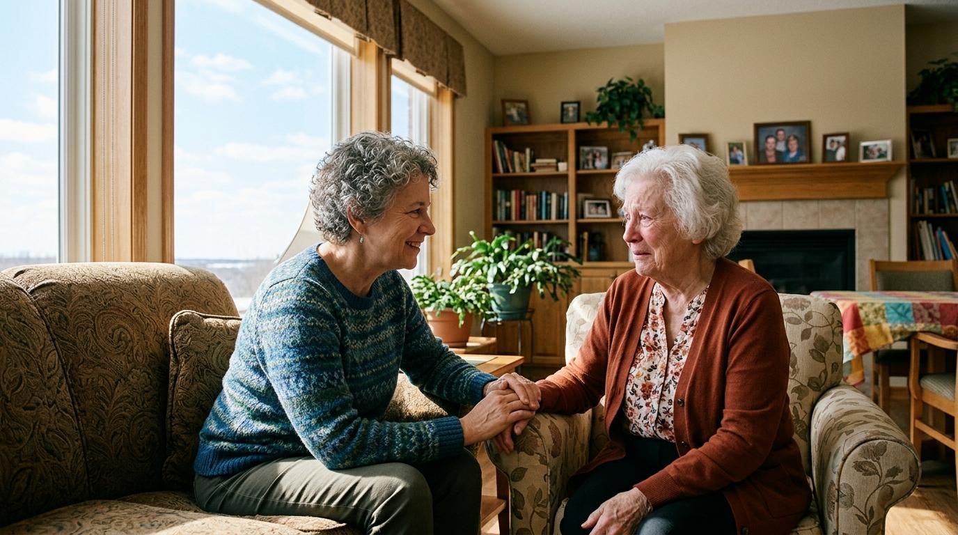 An older adult holding another older adult’s hand with a thoughtful expression, reflecting on emotional changes and cognitive shifts in a warm, supportive environment.