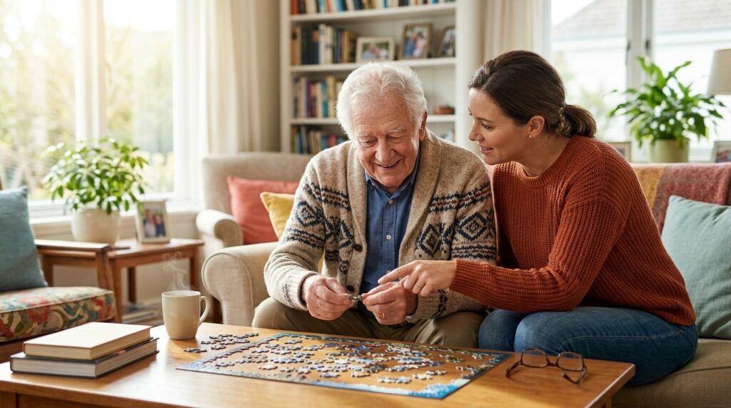 A community caregiver and smiling senior adult engaged with a jigsaw puzzle at a North St. Paul senior living community, reflecting cognitive wellness and independence.