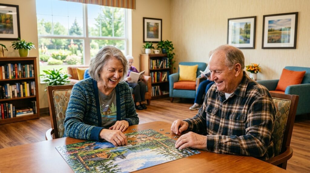 A senior couple enjoying their time together at a senior living community.